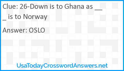 26-Down is to Ghana as ___ is to Norway Answer