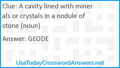 A cavity lined with minerals or crystals in a nodule of stone (noun) Answer