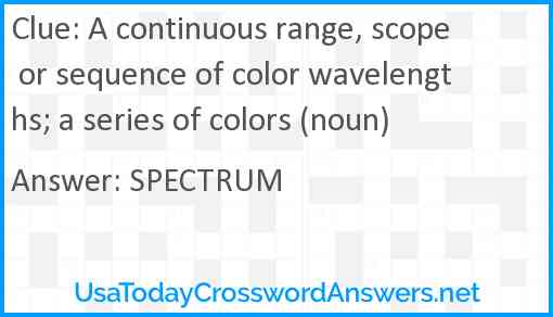 A continuous range, scope or sequence of color wavelengths; a series of colors (noun) Answer