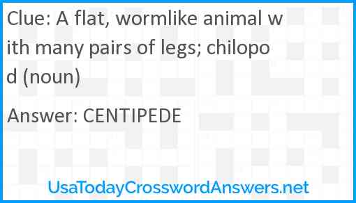 A flat, wormlike animal with many pairs of legs; chilopod (noun) Answer