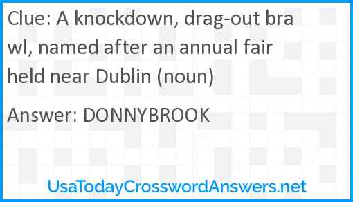 A knockdown, drag-out brawl, named after an annual fair held near Dublin (noun) Answer
