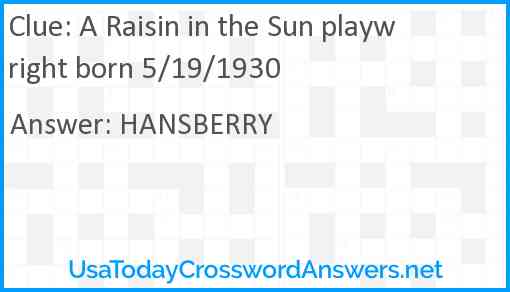 A Raisin in the Sun playwright born 5/19/1930 Answer