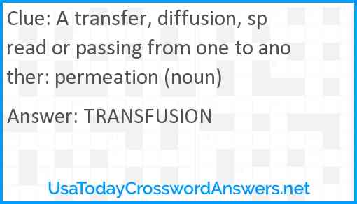 A transfer, diffusion, spread or passing from one to another: permeation (noun) Answer