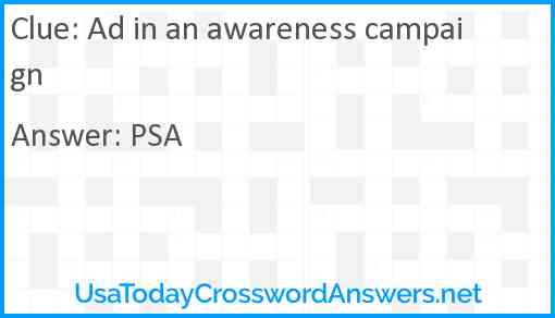Ad in an awareness campaign crossword clue UsaTodayCrosswordAnswers net