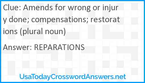 Amends for wrong or injury done; compensations; restorations (plural noun) Answer