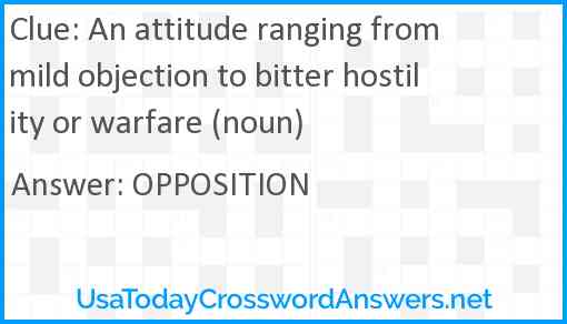 An attitude ranging from mild objection to bitter hostility or warfare (noun) Answer
