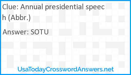 Annual presidential speech (Abbr.) Answer