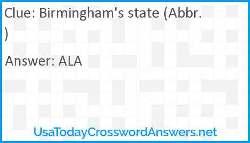 Birmingham's state (Abbr.) Answer