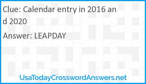 Calendar entry in 2016 and 2020 Answer