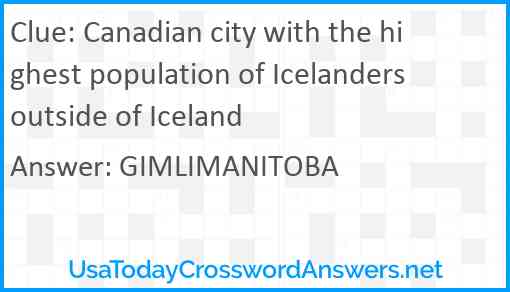 Canadian city with the highest population of Icelanders outside of Iceland Answer