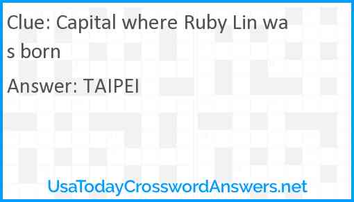 Capital where Ruby Lin was born Answer