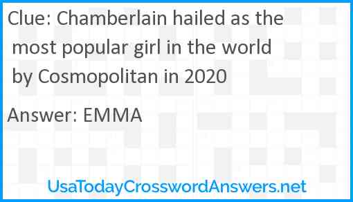 Chamberlain hailed as the most popular girl in the world by Cosmopolitan in 2020 Answer