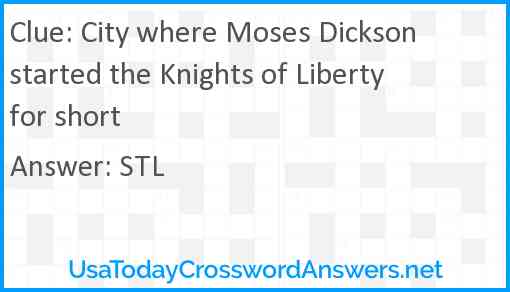 City where Moses Dickson started the Knights of Liberty for short Answer
