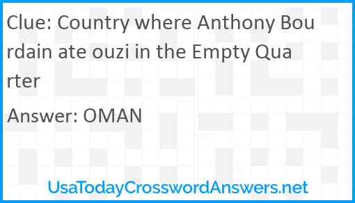 Country where Anthony Bourdain ate ouzi in the Empty Quarter Answer