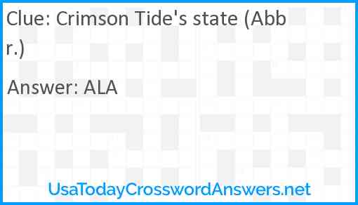 Crimson Tide's state (Abbr.) Answer