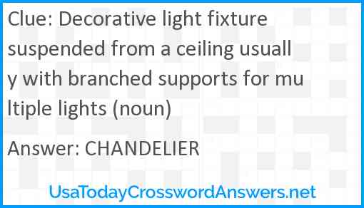 Decorative light fixture suspended from a ceiling usually with branched supports for multiple lights (noun) Answer