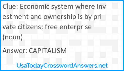 Economic system where investment and ownership is by private citizens; free enterprise (noun) Answer