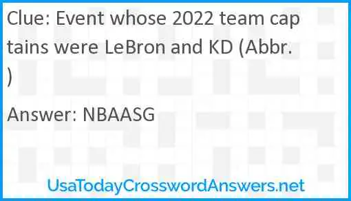 Event whose 2022 team captains were LeBron and KD (Abbr.) Answer