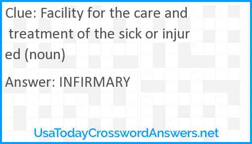 Facility for the care and treatment of the sick or injured (noun) Answer