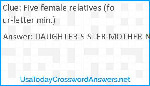 Five female relatives (four-letter min.) Answer