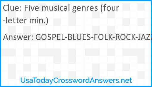 Five musical genres (four-letter min.) Answer