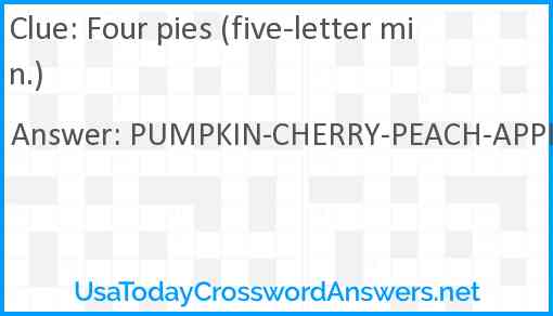 Four pies (five-letter min.) Answer
