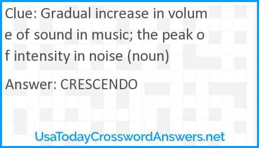 Gradual increase in volume of sound in music; the peak of intensity in noise (noun) Answer