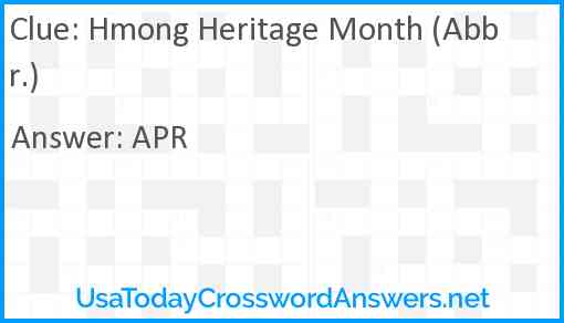 Hmong Heritage Month (Abbr.) Answer