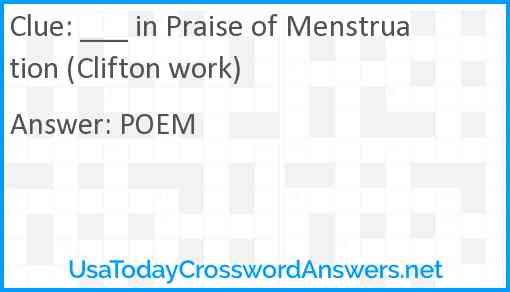 ___ in Praise of Menstruation (Clifton work) Answer