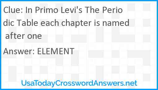 In Primo Levi's The Periodic Table each chapter is named after one Answer
