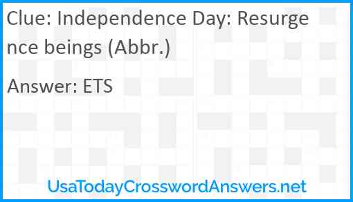 Independence Day: Resurgence beings (Abbr.) Answer