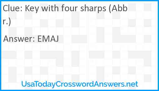 Key with four sharps (Abbr ) crossword clue UsaTodayCrosswordAnswers net