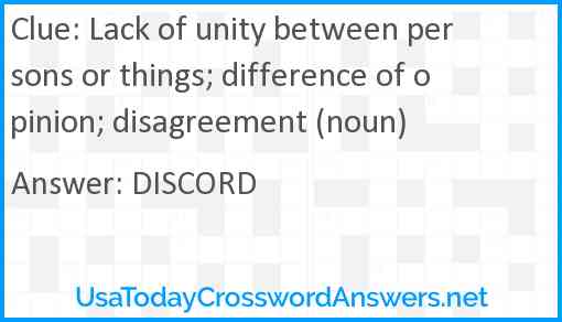 Lack of unity between persons or things; difference of opinion; disagreement (noun) Answer