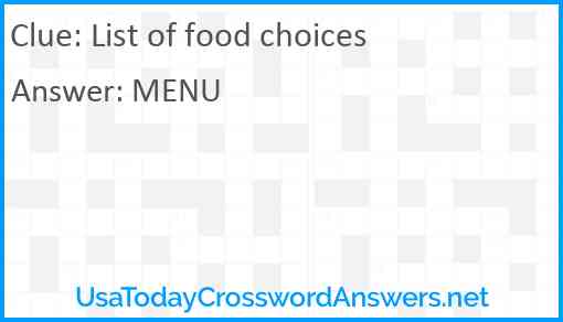 List of food choices Answer