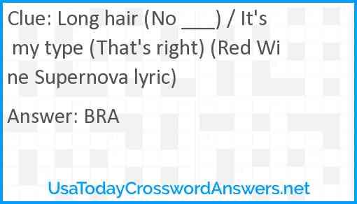 Long hair (No ___) / It's my type (That's right) (Red Wine Supernova lyric) Answer