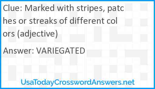 Marked with stripes, patches or streaks of different colors (adjective) Answer