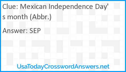 Mexican Independence Day's month (Abbr.) Answer