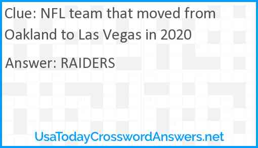 NFL team that moved from Oakland to Las Vegas in 2020 Answer