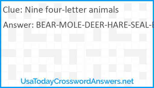 Nine four-letter animals Answer