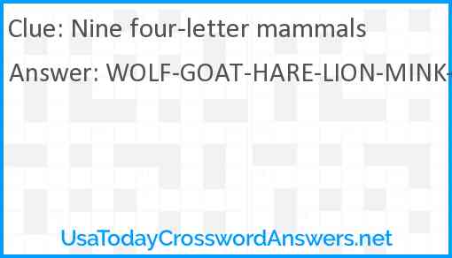 Nine four-letter mammals Answer