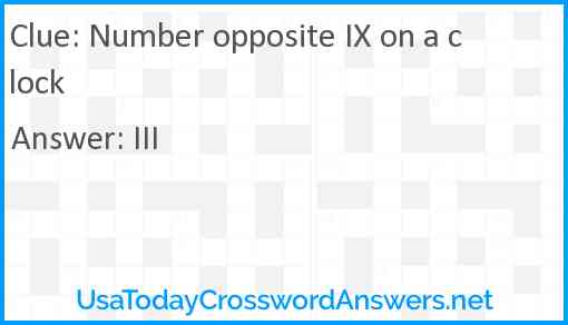 Number opposite IX on a clock Answer