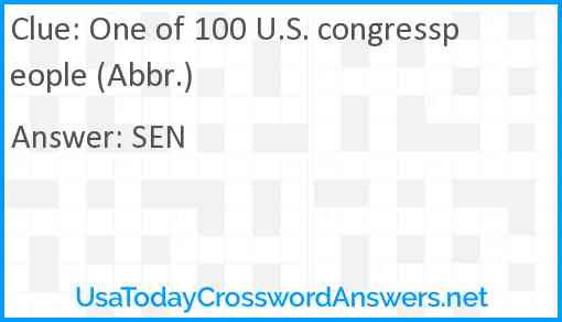 One of 100 U.S. congresspeople (Abbr.) Answer