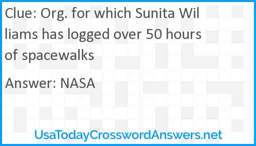 Org. for which Sunita Williams has logged over 50 hours of spacewalks Answer