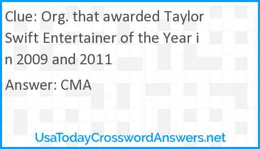 Org. that awarded Taylor Swift Entertainer of the Year in 2009 and 2011 Answer
