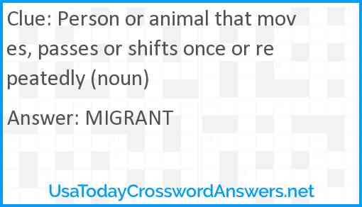 Person or animal that moves, passes or shifts once or repeatedly (noun) Answer