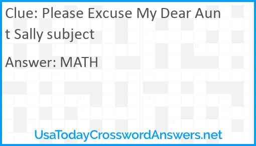 Please Excuse My Dear Aunt Sally subject Answer