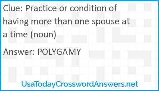 Practice or condition of having more than one spouse at a time (noun) Answer