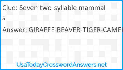 Seven two syllable mammals crossword clue UsaTodayCrosswordAnswers net