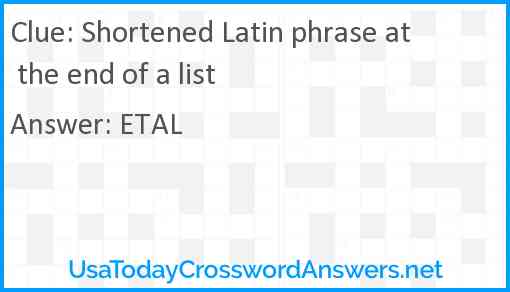 Shortened Latin phrase at the end of a list Answer