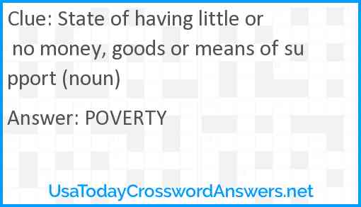 State of having little or no money, goods or means of support (noun) Answer
